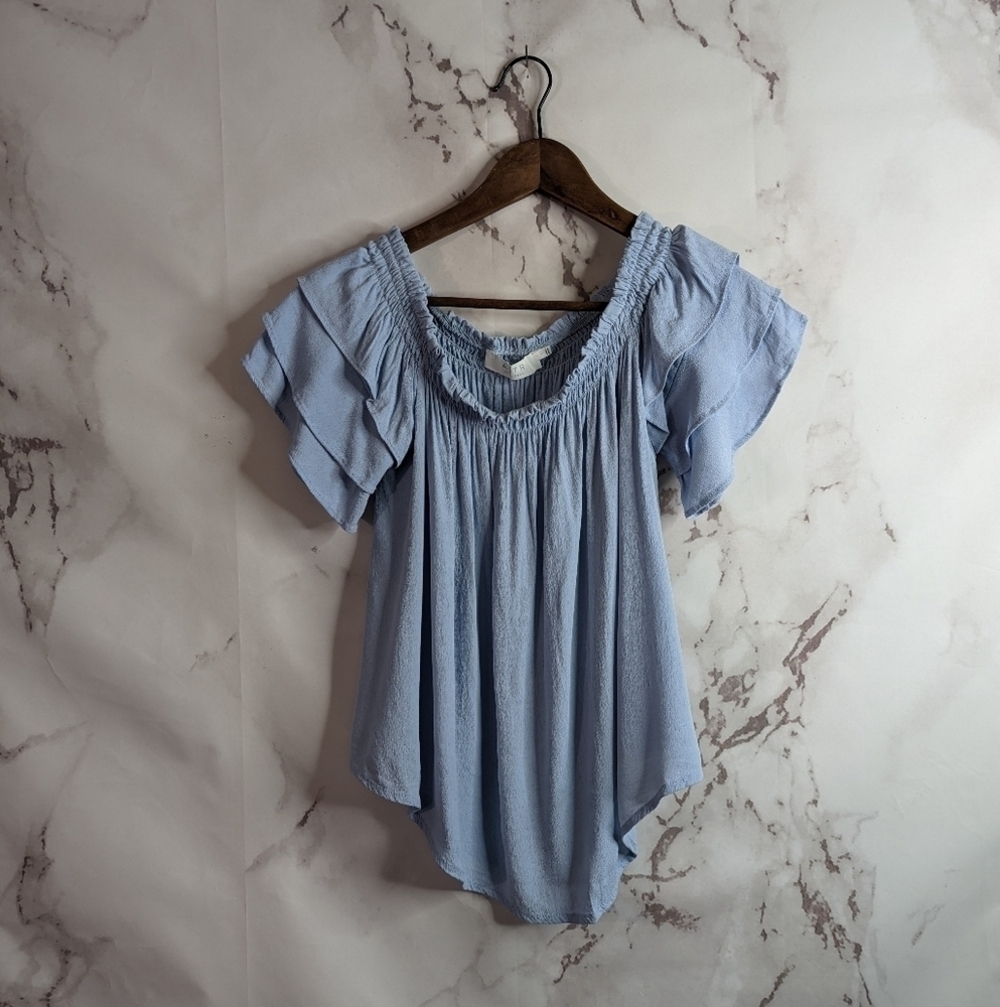 ASTR The Label Blue Off The Shoulder Tiered Crop Top Short Sleeve Womens Small